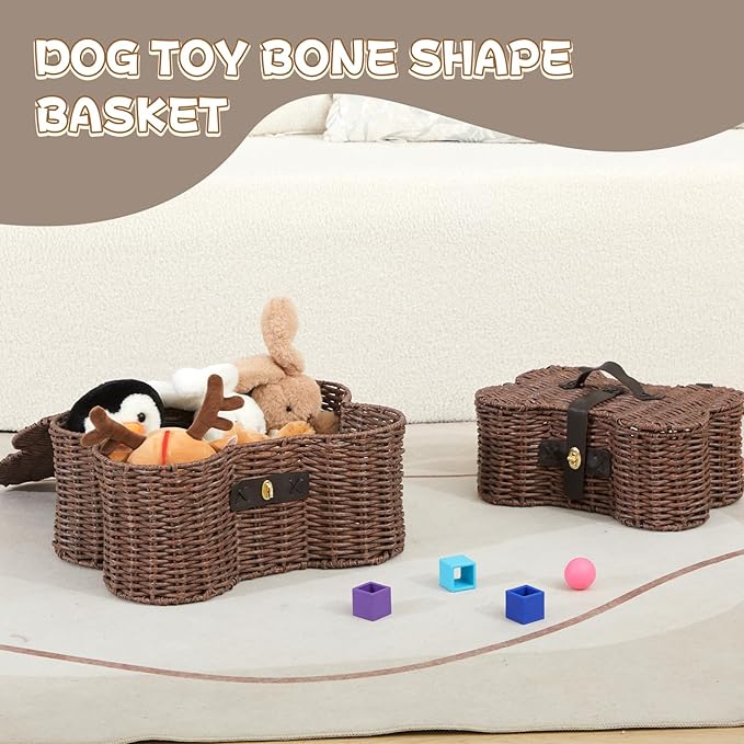 Barydat 2 Set Large Small Dog Toy Basket with Lid Bone Shaped Basket for Dog Natural Wicker Woven Handmade Pet Puppy Toy Organizer and Storage Box Bin for Cats Brown