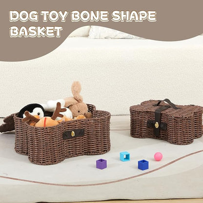 Barydat 2 Set Large Small Dog Toy Basket with Lid Bone Shaped Basket for Dog Natural Wicker Woven Handmade Pet Puppy Toy Organizer and Storage Box Bin for Cats Brown
