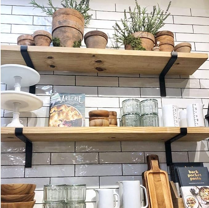 Heavy-Duty Shelf Brackets - Premium Construction Grade 1/4" (6mm) Thick Steel - Matte Black Iron Finish for Modern Farmhouse Rustic Open Shelving w/ Hardware, 4-Pack - (L Bracket w/ Lip, 7.25" x 6")