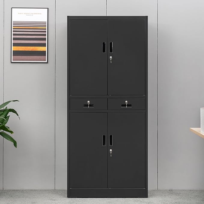 CMY Metal Storage Cabinet, 71" H x 32" W x 16" D Locking Storage Cabinet with Adjustable Shelves and 2 Drawers, Steel Cabinets for Office, Garage, Home, School, Utility Room(Black)