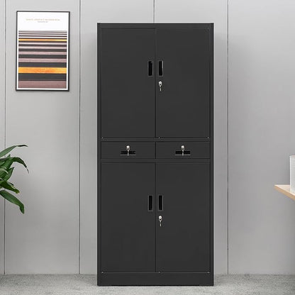 CMY Metal Storage Cabinet, 71" H x 32" W x 16" D Locking Storage Cabinet with Adjustable Shelves and 2 Drawers, Steel Cabinets for Office, Garage, Home, School, Utility Room(Black)