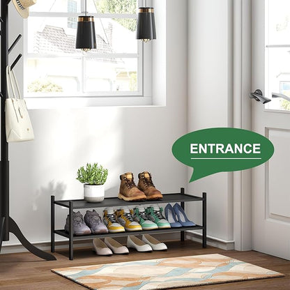 Black 2-Tier Long Stackable Bamboo Wood Shoe Rack for Closet, Entryway & Hallway