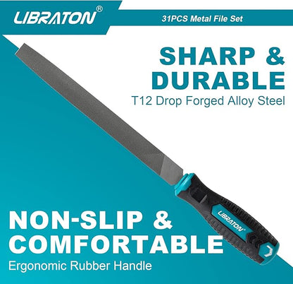 Libraton 31PCs Metal File Set, Metal Files, Metal Files for Steel, 12 Needle Files with Case, Riffler File, 12 Sandpapers, Steel Brush, File Sets for Wood and Metal, for Metalworking & Woodworking