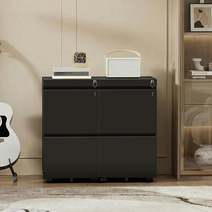 Bonusall 2-Drawer Metal File Cabinet with Lock - Mobile Filing Cabinet for Letter/A4 Size, Under Desk Office Storage Organizer with Wheels, Easy Assembly, High Capacity, Black
