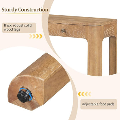 52" Rustic Console Table with Curved Corners for Safety,Entryway Table with 3 Concealed Drawers,Sturdy Sofa Table with Thick Legs for Hallway & Living Room,Natural