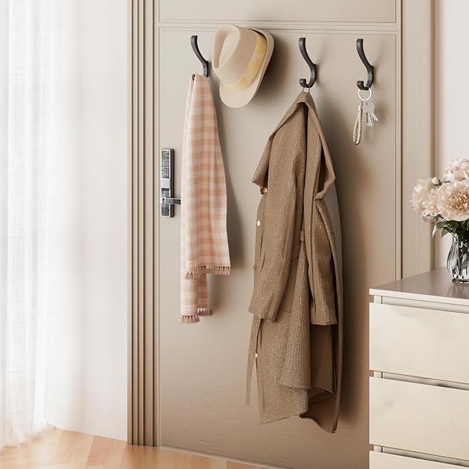 Hanging Coat Hooks Wall Mount - Heavy Duty (30LB), Large Coat Hanger Wall Hangers, Metal Hooks For Towels, Backpacks, Hats, Jackets, Keys, Bags, Robes, Dog Leashes (6 Pack)