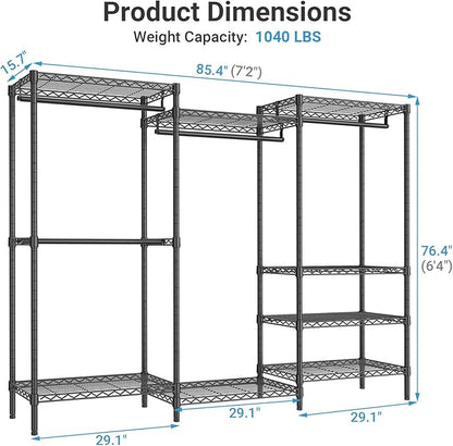 VIPEK V5 Plus Large Portable Closet Rack Freestanding Wardrobe Closet, Multi-Functional Clothes Rack Heavy Duty Metal Clothing Rack for Hanging Clothes, 85.4" L x 15.7" W x 76.4" H, Black