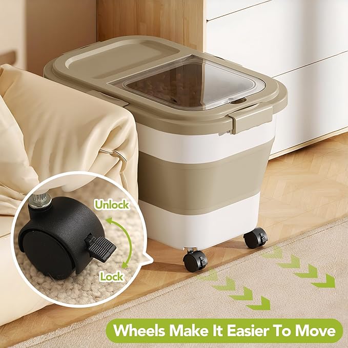 Ca15 Lbs Dog/Cat Food Storage Container,Collapsible Food Storage Containers with Rolling Wheel Airtight Locking Lid,Pet Food Storage Container with Cup and Scoop,Khaki