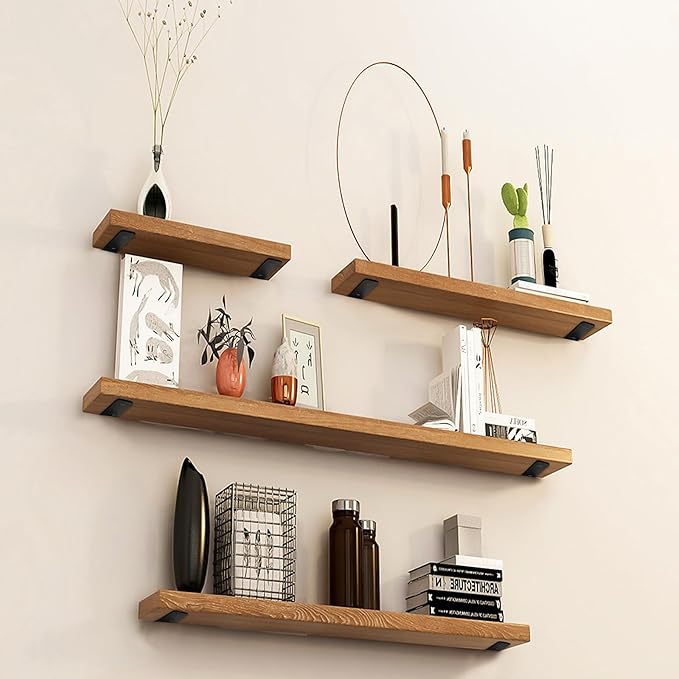 CONNOO 6 Pack Heavy Duty Thick Shelf L Brackets, 8 Inch Floating Hidden Shelf T Brackets, Metal Black L Brackets for Shelves Support DIY, Modern Iron Finish(1/5")