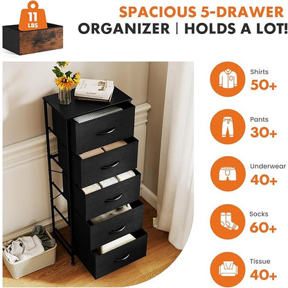 Sweetcrispy 5 Drawer Dresser with Fabric Bins, Sturdy Steel Frame and Wood Top, Storage Organizer Chest for Bedroom, Closet, Hallway, Black