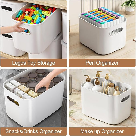 8 Pack White Storage Bins with Lids Stackable Storage Container for Organizing, Storage Boxes with Handle for Shelves, Cute Storage Bin for Craft, Snacks, 9.85x6.9x5.7 inch