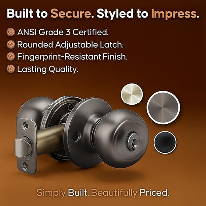 Copper Creek Colonial Entry Door Knob – Keyed Entry Handle with Lock and Key, ANSI Grade-3 Certified, DIY-Friendly Install for Interior and Exterior Entrance Doors – Antique Nickel (1 Pack)