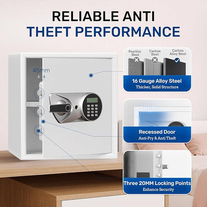 BlackSmith Home Safe Box 1.5 Cub Quick Access Biometric Safe with LCD Display, Fireproof Bag Digital Security Lock Box Secure Money Jewelry Documents for Office Hotel, White