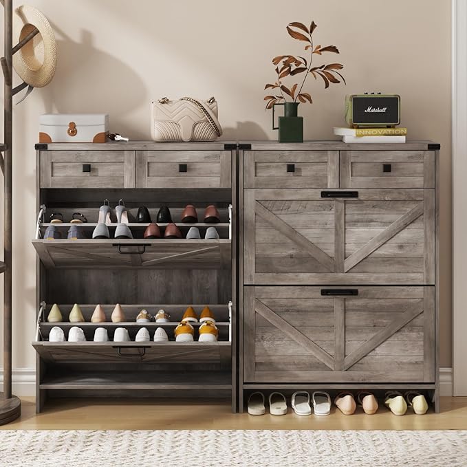 Shoe Cabinet with 2 Flip Drawers & 2 Drawers,Farmhouse Shoe Storage Cabinet for Entryway,Slim Freestanding Narrow Organizer Rack for Front Door Entrance,Grey