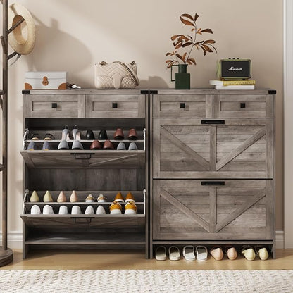 Shoe Cabinet with 2 Flip Drawers & 2 Drawers,Farmhouse Shoe Storage Cabinet for Entryway,Slim Freestanding Narrow Organizer Rack for Front Door Entrance,Grey