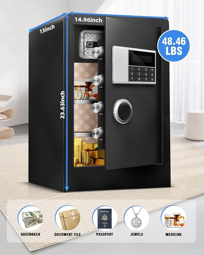 6.0 CuFt Heavy Duty Home Safe Box with Secure Digital Keypad, Key Lock, LCD Screen, Removable Shelf, and Sensor Light for Secure Storage of Documents, Valuables, and Business Use