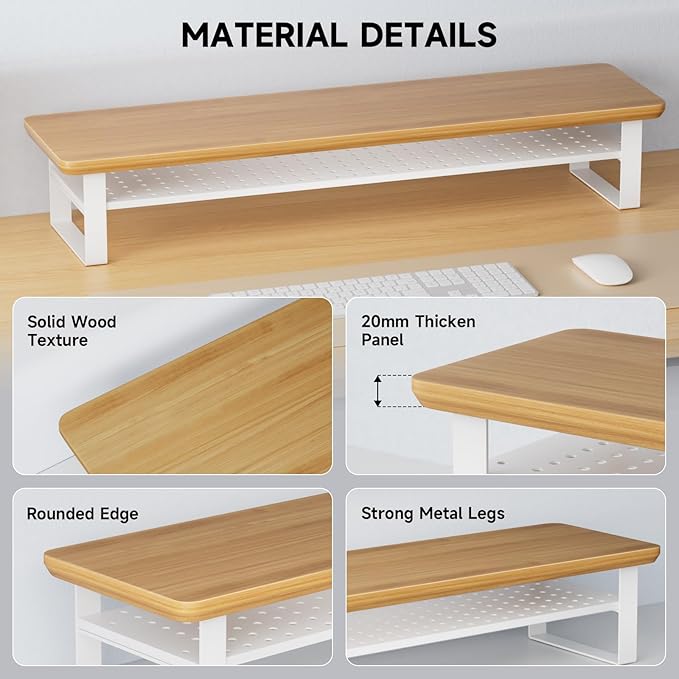 Dual Monitor Stand, 35.4 Inch Monitor Stand Riser for 2 Monitors, 2 Tiers Wood Desk Shelf with Storage, Desktop Organizer Stand for Computer, Laptop, Printer, TV (Cherry Wood, 35.4in)