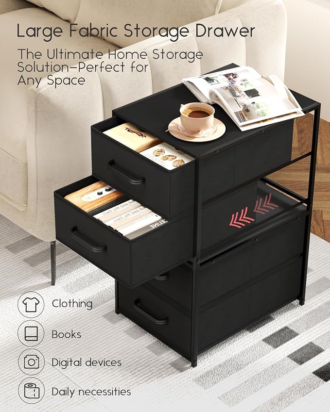 Stackable Storage Drawers - 2 Tier Closet Drawers, Closet Organizer with Metal Handles, Night Stand with Collapsible Bins, Fabric Dresser for Bedroom, Dorm, Office, Black, 2 Pack