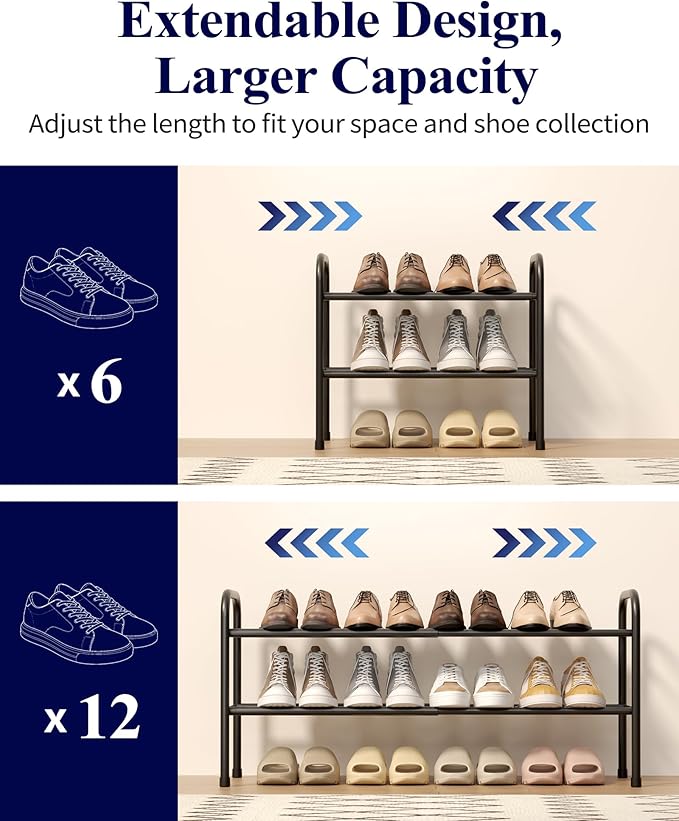Kitsure Extendable Shoe Rack - 2-Tier Adjustable Metal Shoe Organizer, Sturdy Rust-Resistant Shoe Shelf for Entryway, Closet, or Bedroom, 17.5"–32.6" x 9.1" x 15.4", Black