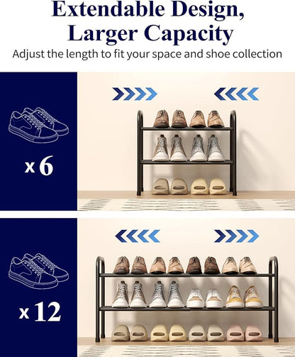 Kitsure Extendable Shoe Rack - 2-Tier Adjustable Metal Shoe Organizer, Sturdy Rust-Resistant Shoe Shelf for Entryway, Closet, or Bedroom, 17.5"–32.6" x 9.1" x 15.4", Black