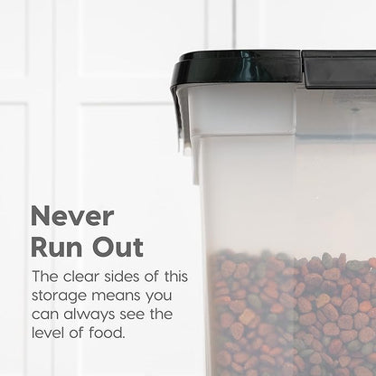 IRIS USA Airtight Dog Food Storage Container, WeatherPro, Up to 50 lbs, Removable Wheels, for Dog Cat Bird and Other Pet Food Storage Bin, Keep Fresh, Translucent Body, Made in USA, Clear/Black