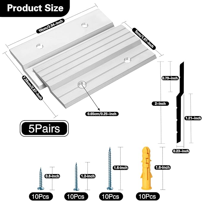 French Cleat Picture Hanger, 4" Aluminum Z Clips Interlocking Picture Cleat Wall Mounting Bracket Hardware Kit for Whiteboard, Panels, Shelf, Artwork, Cabinet, Art Frames (5 Pairs)