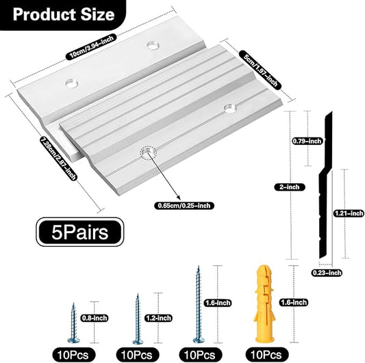 French Cleat Picture Hanger, 4" Aluminum Z Clips Interlocking Picture Cleat Wall Mounting Bracket Hardware Kit for Whiteboard, Panels, Shelf, Artwork, Cabinet, Art Frames (5 Pairs)