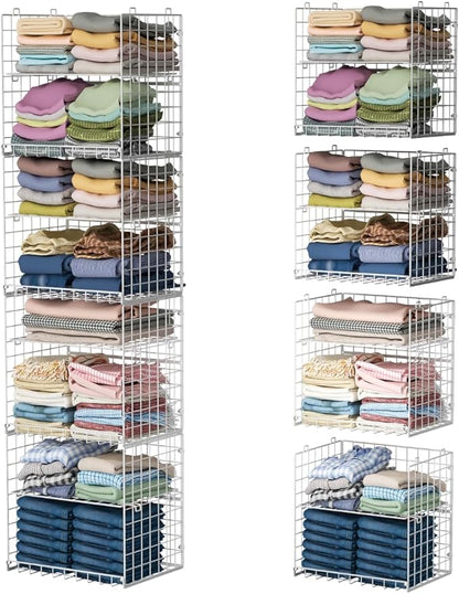 8-Tier Stackable Closet Organizers, Foldable Wardrobe Basket, Metal Closet Organizer and Closet ShelvesWhite
