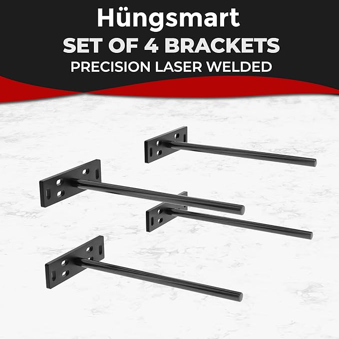 Set of 4 Floating Shelf Brackets Heavy Duty (1/4 inch Thick Baseplate) Painted Black Mild Steel/Bracket for Hidden Wall Shelves Support Hardware Mount Kitchen/Nursery Decor (10 inch Rods)