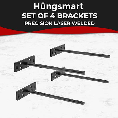Set of 4 Floating Shelf Brackets Heavy Duty (1/4 inch Thick Baseplate) Painted Black Mild Steel/Bracket for Hidden Wall Shelves Support Hardware Mount Kitchen/Nursery Decor (10 inch Rods)