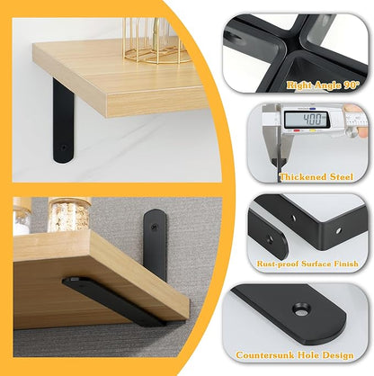 Alise Floating Shelf Brackets,Stainless Steel Black Bracket for Shelves,Heavy Duty L Bracket Corner Brace for Wooden Board Hanging Support,8x5-3/5 Inch(Upgraded,Pack of 4)