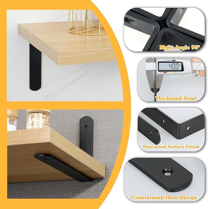Alise Floating Shelf Brackets,Black Bracket for Shelves Heavy Duty L Wall Bracket Corner Brace,Stainless Steel Joint Angle Brackets for Wooden Board Hanging Support,10x6x1.2 Inch Upgraded(Pack of 4)