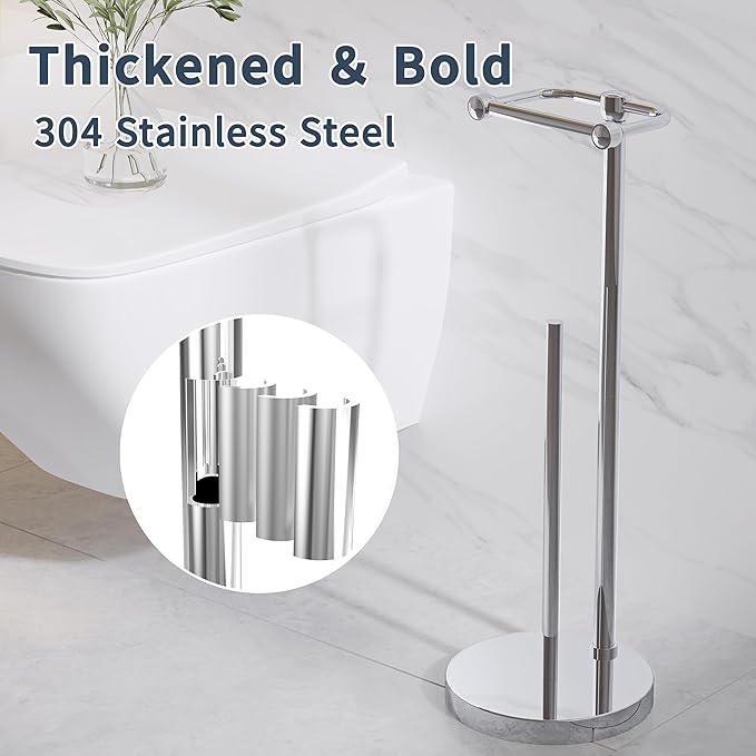 Toilet Paper Holder Stand, Post Pivoting Design Free Standing Toilet Paper Holder with Storage for 4 Rolls, SUS304 Stainless Steel Tissue Holder with Reserve, Heavy-Duty Base (Chrome)
