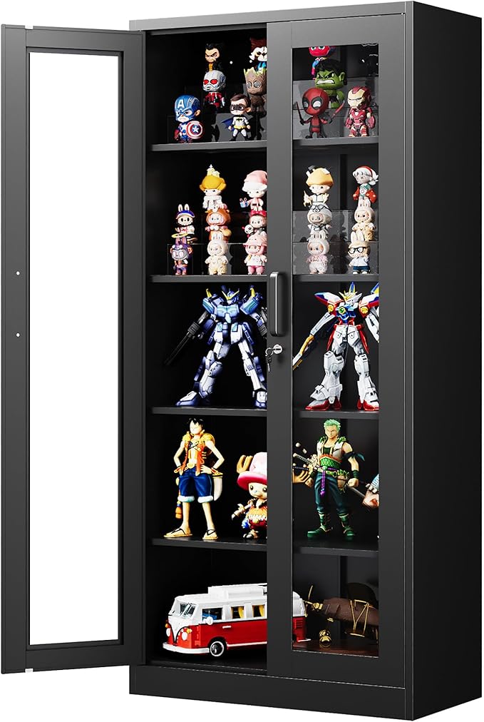 Display Cabinet with Glass Doors, 71 Inches Metal Display Case with 4 Adjustable Shelves, Curio Storage Cabinet with Lock for Home, Office, Book, Pantry, Assemble Required (Black)