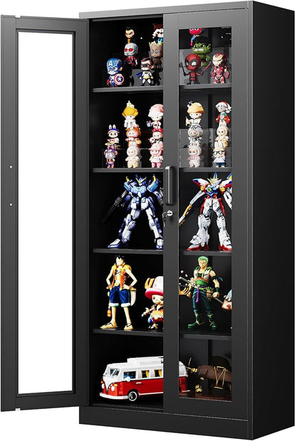 Display Cabinet with Glass Doors, 71 Inches Metal Display Case with 4 Adjustable Shelves, Curio Storage Cabinet with Lock for Home, Office, Book, Pantry, Assemble Required (Black)