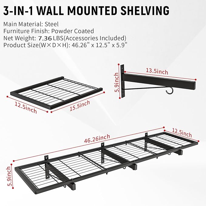 Garage Wall Shelves, 46"X12.5" Garage Shelving Wall Mounted, Heavy Duty Shelf Storage Rack with 4 Hooks, Black Organizer Floating Metal Shelf 160 LBS Capacity for Office, Basement, Laundry Room