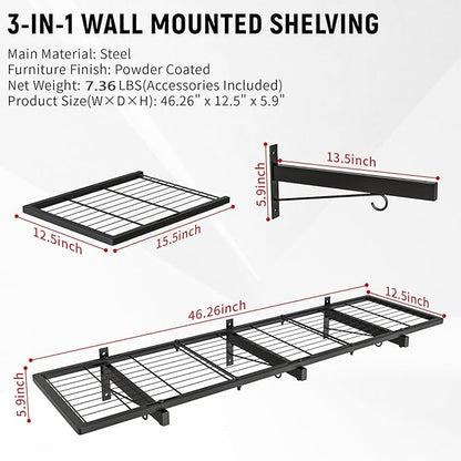 Garage Wall Shelves, 46"X12.5" Garage Shelving Wall Mounted, Heavy Duty Shelf Storage Rack with 4 Hooks, Black Organizer Floating Metal Shelf 160 LBS Capacity for Office, Basement, Laundry Room