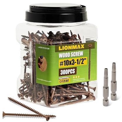 LIONMAX Wood Screws 3-1/2 Inch, Deck Screws #10 x 3-1/2", 300 PCS, Rust Resistant, Epoxy Coated, Exterior Wood Screw, Outdoor Decking Screws, Torx/Star Drive Head, T25 Star Bit Included, Brown