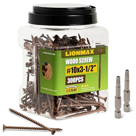 LIONMAX Wood Screws 3-1/2 Inch, Deck Screws #10 x 3-1/2", 300 PCS, Rust Resistant, Epoxy Coated, Exterior Wood Screw, Outdoor Decking Screws, Torx/Star Drive Head, T25 Star Bit Included, Brown