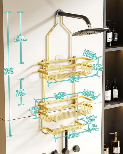 HapiRm Shower Caddy over Shower Head with 2 Soap Holders, Rustproof & Waterproof Hanging Bathroom Organizer with 12 Hooks, No Drilling Hanging Bathroom Caddy - Gold