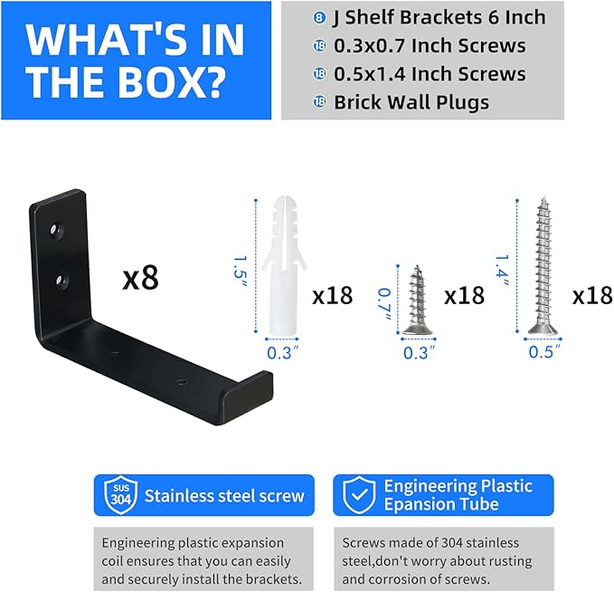 HEART ART Black Shelf Bracket 6 inch, Shelf Bracket 8 Pack,J Metal Heavy Duty Shelf Support Brackets，6.3" L×4.8" H×1.2" W