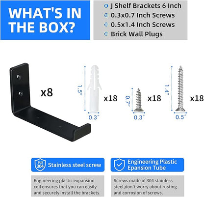HEART ART Black Shelf Bracket 6 inch, Shelf Bracket 8 Pack,J Metal Heavy Duty Shelf Support Brackets，6.3" L×4.8" H×1.2" W