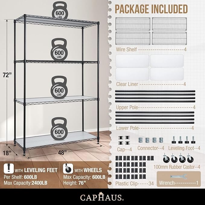 CAPHAUS NSF Commercial Grade Heavy Duty Wire Shelving w/Wheels, Leveling Feet & Liners, Storage Metal Shelf, Garage Shelving Storage, Utility Wire Rack Storage Shelves, 48 x 18 x 76 4-Tier w/Liner