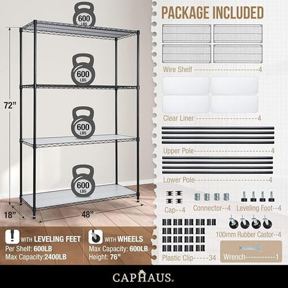 CAPHAUS NSF Commercial Grade Heavy Duty Wire Shelving w/Wheels, Leveling Feet & Liners, Storage Metal Shelf, Garage Shelving Storage, Utility Wire Rack Storage Shelves, 48 x 18 x 76 4-Tier w/Liner