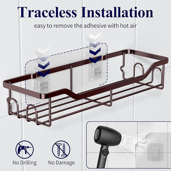 Kitsure Shower Caddy Large - Adhesive Shower Organizer, Stainless Steel Shelf for Inside Shower, No Drill Bathroom Organizers and Storage, Home Decor Accessories, 2 Pack, Brown
