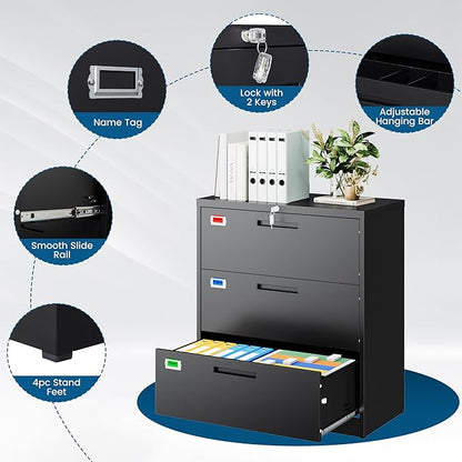 3 Drawer File Cabinet, Lateral Filing Cabinets for Home Office, Office Storage Drawers with Lock, Hanging Files Legal/Letter A4 Size (Assemble Required,Black)