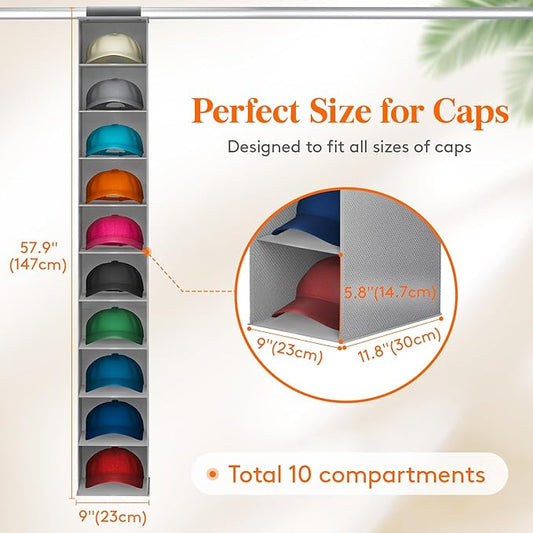 Lifewit Hat Organizer for Baseball Caps, Hat Rack Hanging Storage, Non-Woven Fabric Display Shelf Holds Up to 40 Hats, Cap Holder Hanger for Closet, Bedroom, 10 Compartments, Gray, 1 Pack