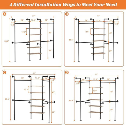 Aheaplus Industrial Pipe Clothing Rack, Reversible 6.42FT Clothes Rack for Hanging Clothes, Heavy Duty 5-Tier Closet Wardrobe Garment Racks with Shelves, Corner Closet Organizer System, Rustic Brown