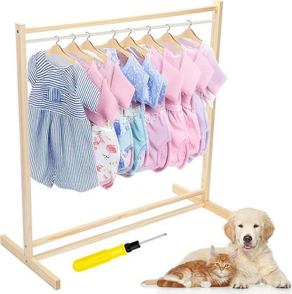 Estune Dog Garment Rack with 12 Wood Pet Clothes Hanger Wooden Dog Dress up Storage Small Closet Pet Clothes Organizer Accessories for Doll Cat and Puppy(Medium)