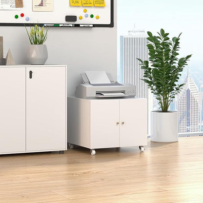 Printer Stand with Storage Cabinet with Wheels,3D Heavy Duty Metal Large Printer Table with Adjustable Shelf for Home Office, Mobile Printer Cart,White,17.7" H